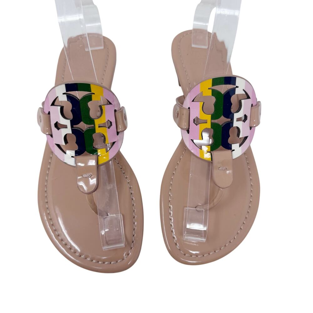 TORY BURCH Tan Beige Miller Sandal Flip Flop with Rainbow Stripe Logo - Picture 4 of 11